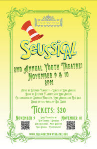 Poster to buy tickets for Seussical. Yellow background featuring the red and whit crooked hat of the Cat in the Hat.