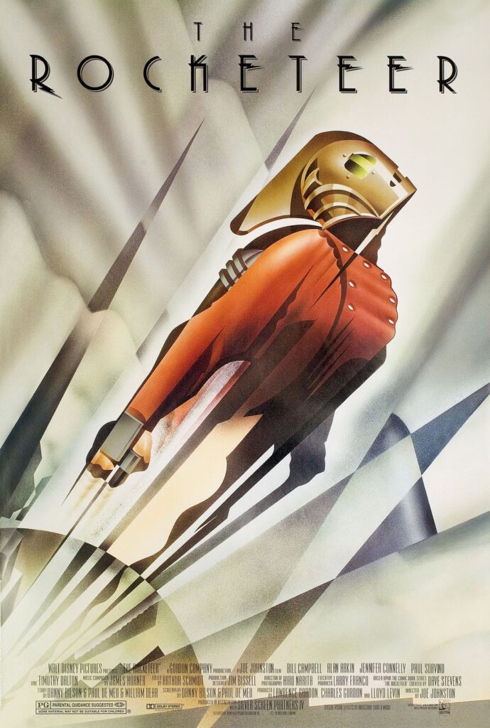 Stylized movie poster for The Rocketeer featuring a retro-futuristic figure in a red flight suit and gold helmet soaring upward with a rocket pack, leaving streaks of speed lines behind. The title “The Rocketeer” appears in art deco-style font at the top against a light, gradient background.