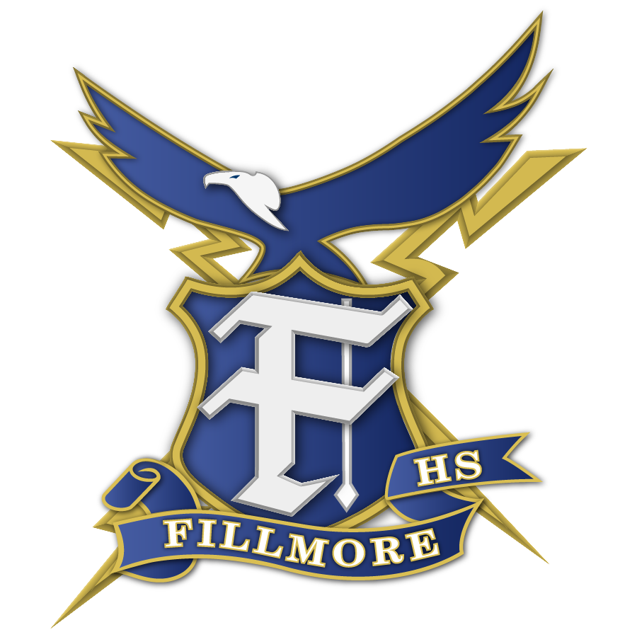 Logo of Fillmore High School featuring a large white letter "F" on a blue and gold shield. An eagle with outstretched wings and a white head is perched above the shield, and gold lightning bolts extend from behind. A blue ribbon at the bottom reads "FILLMORE," and a smaller ribbon on the side reads "HS."