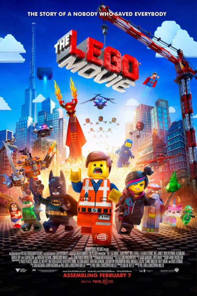 Poster for The LEGO Movie featuring LEGO characters running forward from an explosion, including Emmet in an orange vest, Batman, Wyldstyle, and other heroes. The background shows a city made of LEGO bricks, with the tagline “The story of a nobody who saved everybody” at the top.