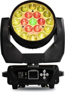 Close-up of a moving head stage light with multi-color LED lenses and a digital control panel on the base.