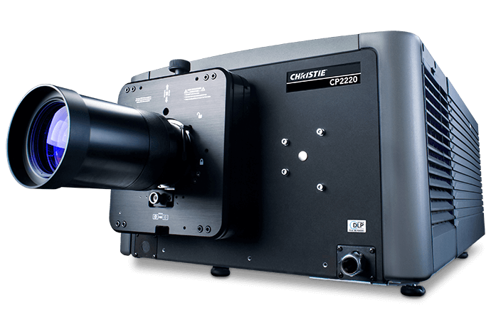 Image of a Christie CP2220 digital cinema projector with a large lens and ventilation grilles, used for professional theater film projection.