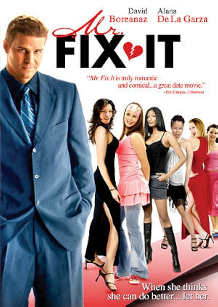 Movie poster for Mr. Fix It featuring David Boreanaz in a blue suit standing confidently with a line of smiling women behind him. The tagline reads, “When she thinks she can do better… let her.” The title includes a broken heart symbol in place of the letter “O.”