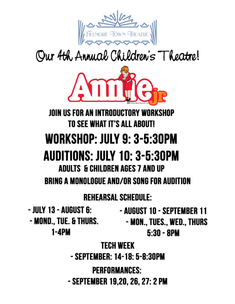 Flyer for Fillmore Town Theatre’s 4th Annual Children’s Theatre production of Annie Jr. Introductory workshop is July 9 from 3–5:30 PM, auditions are July 10 from 3–5:30 PM, open to adults and children ages 7 and up. Performances are September 19, 20, 26, and 27 at 2 PM.