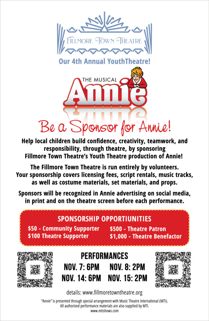 Fillmore Town Theatre sponsorship poster for its 4th Annual Youth Theatre production of Annie. Sponsorships range from $50 to $1,000 and support licensing, costumes, sets, music, and props. Performances are November 7, 8, 14, and 15.