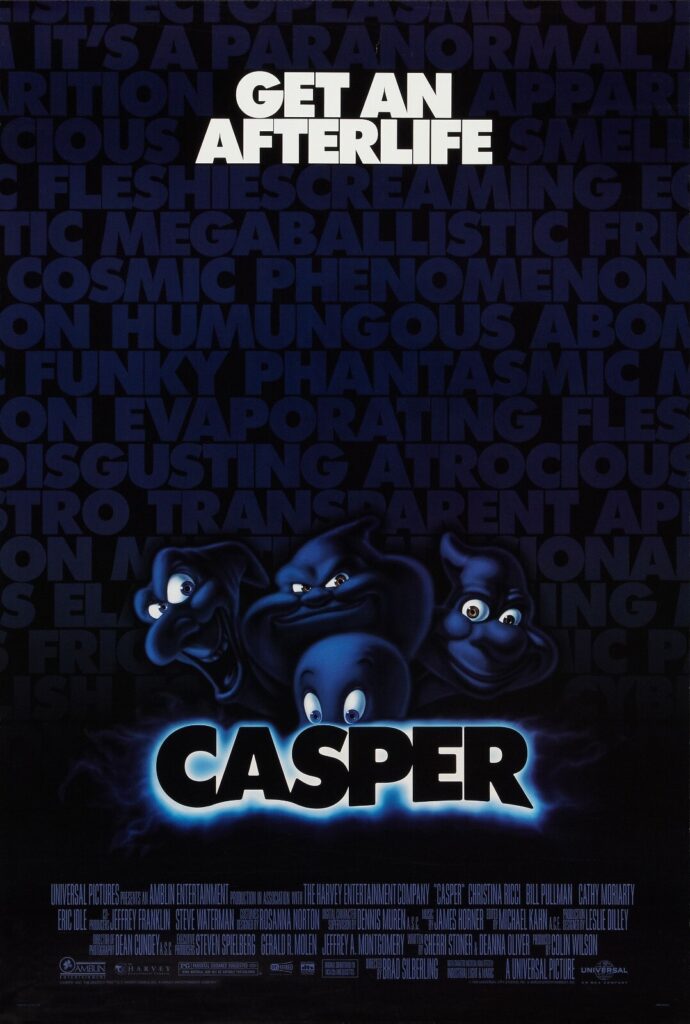 Movie poster for Casper featuring four blue-tinted cartoon ghosts emerging from darkness above the glowing film title. Large white text at the top reads, “Get an Afterlife.”