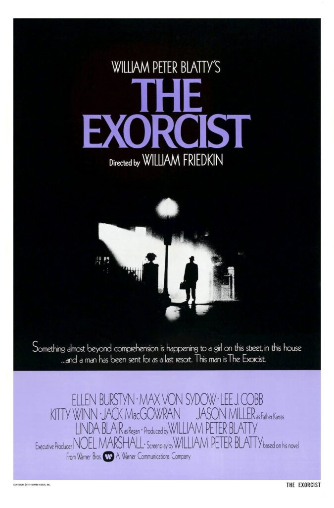 Movie poster for The Exorcist showing the dark silhouette of a man standing beneath a streetlamp outside a house, surrounded by stark white light against a black background. The film title appears prominently in purple at the top.