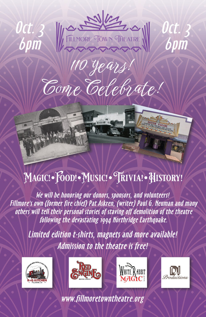 Fillmore Town Theatre 110th anniversary celebration poster featuring historic and modern photos of the theatre. The free event is October 3 at 6 p.m. and includes magic, food, music, trivia, history, and recognition of donors, sponsors, and volunteers.