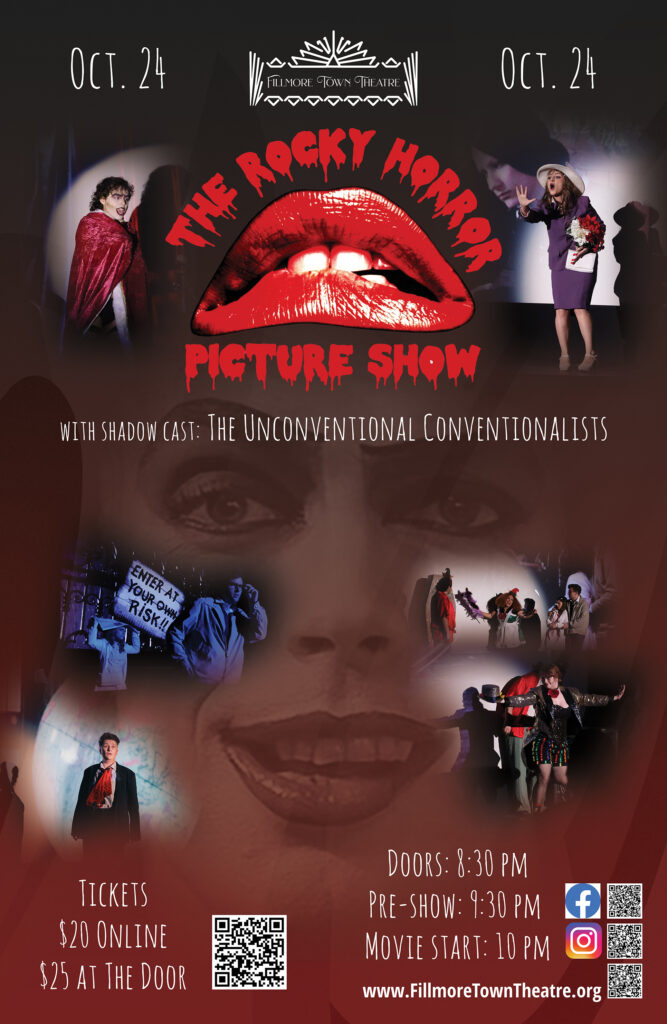 Fillmore Town Theatre poster for The Rocky Horror Picture Show on October 24. The poster features the film’s red lips logo and photos of the live shadow cast, The Unconventional Conventionalists. Doors open at 8:30 p.m., the pre-show begins at 9:30 p.m., and the movie starts at 10 p.m. Tickets are $20 online and $25 at the door.