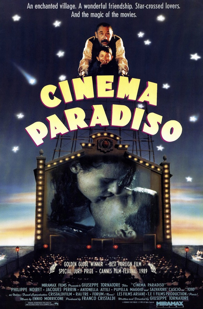 Poster for Cinema Paradiso, featuring a young boy and an older man above the film’s title, with a glowing outdoor movie screen below showing a black-and-white romantic scene beneath a star-filled night sky.